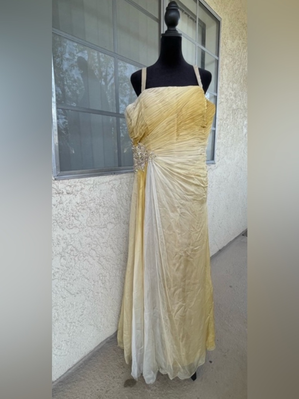 Montage by Mon Cheri Yellow and Cream Pleated Evening Gown with Beaded Accent